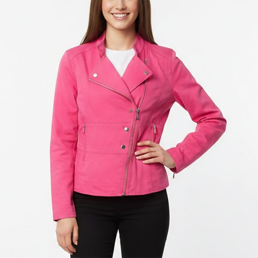 Bianca Nygård Pink Spring Moto Jacket Denim Lightweight Stretch Asymmetrical